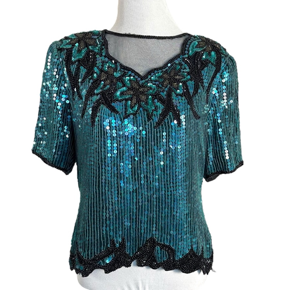 Vintage 80s 90s Scala Silk Beaded Sequined Mermaid Blouse Size Small Teal